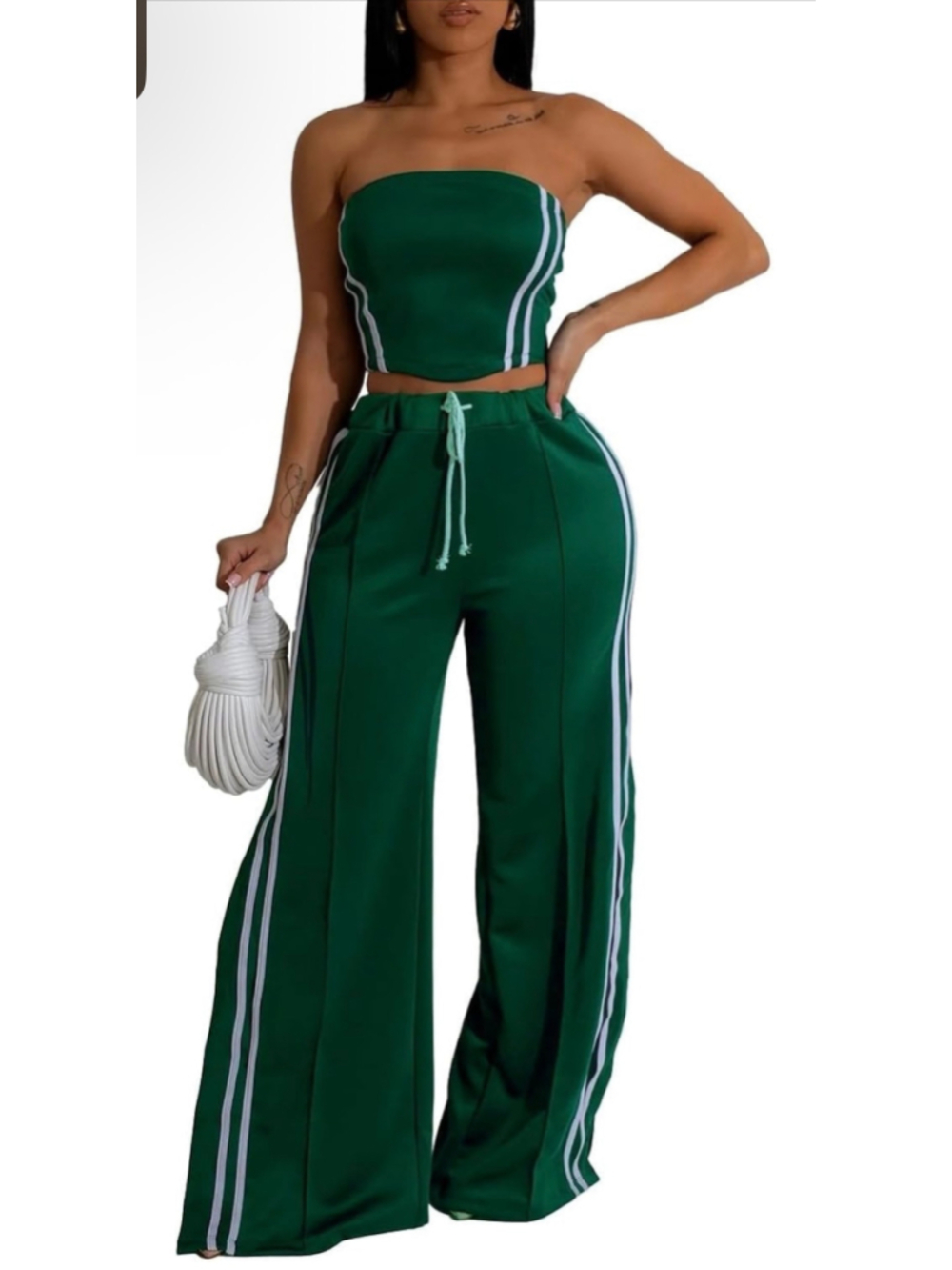 NEW 2 Pc Outfit Strapless Striped Crop Top & High Waist Wide Leg Pant S